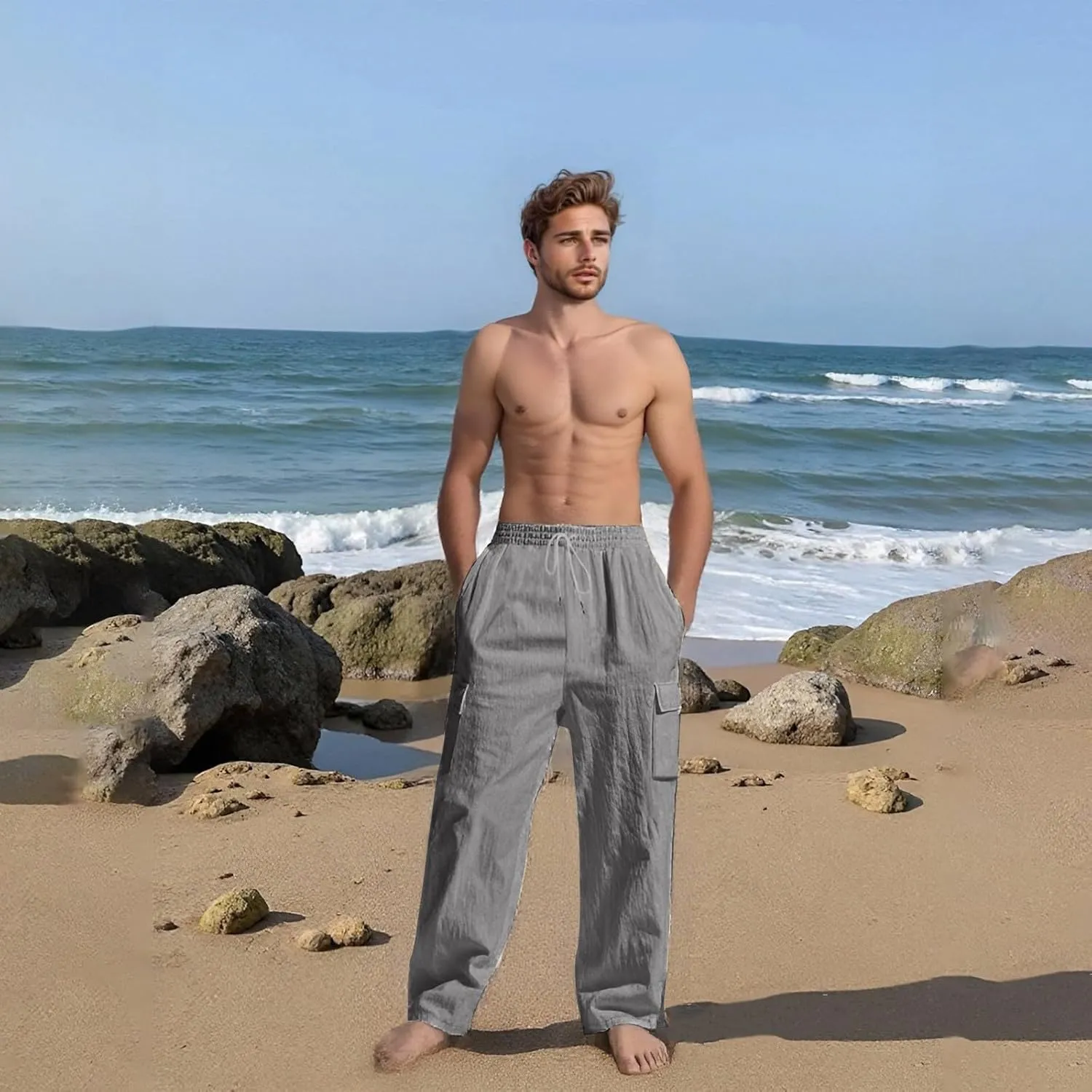 Linen Pants for Men Loose Fit Elastic Waist Drawstring Pants Slim Fit Casual Summer Lightweight Lounge Beach Trousers