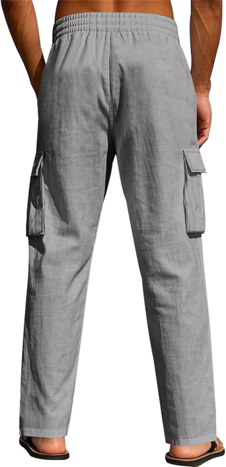Linen Pants for Men Loose Fit Elastic Waist Drawstring Pants Slim Fit Casual Summer Lightweight Lounge Beach Trousers
