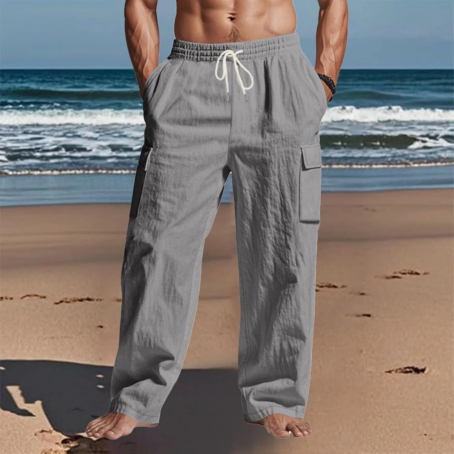 Linen Pants for Men Loose Fit Elastic Waist Drawstring Pants Slim Fit Casual Summer Lightweight Lounge Beach Trousers