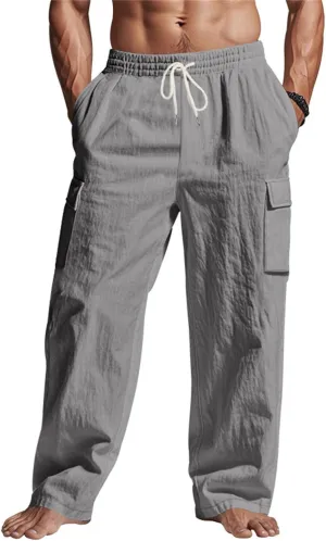 Linen Pants for Men Loose Fit Elastic Waist Drawstring Pants Slim Fit Casual Summer Lightweight Lounge Beach Trousers