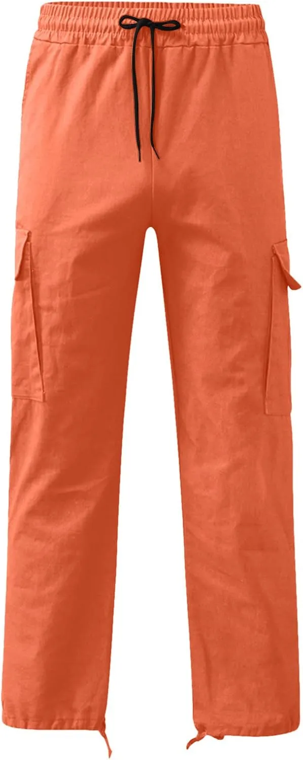 Linen Pants for Men Outdoor Fashion Multi Pockets Cotton Cargo Pants Classic Elastic Waist Solid Tactical Trouser