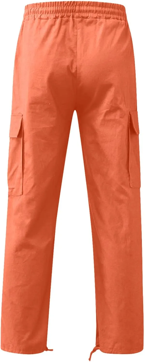 Linen Pants for Men Outdoor Fashion Multi Pockets Cotton Cargo Pants Classic Elastic Waist Solid Tactical Trouser