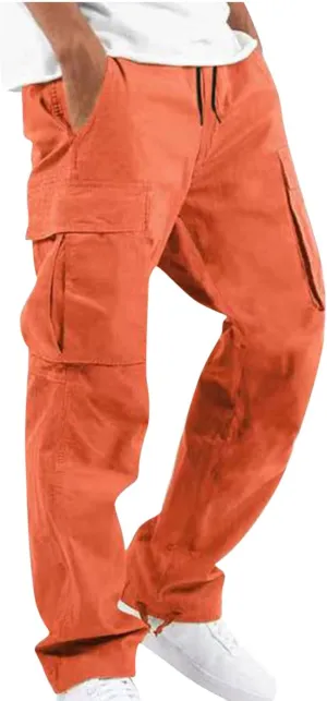 Linen Pants for Men Outdoor Fashion Multi Pockets Cotton Cargo Pants Classic Elastic Waist Solid Tactical Trouser