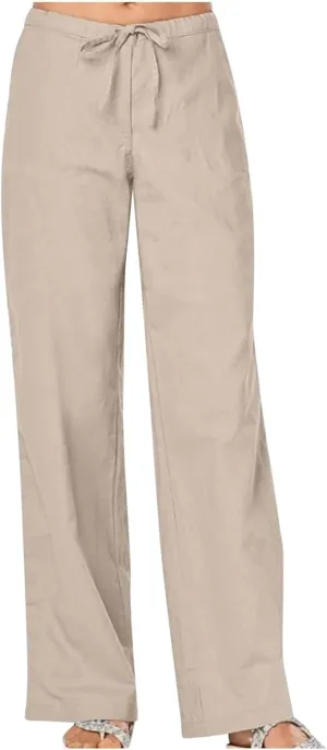 Linen Pants for Women Summer Lightweight Lounge Wide Leg Trousers Drawstring Low Waisted Palazzo Pants with Pockets