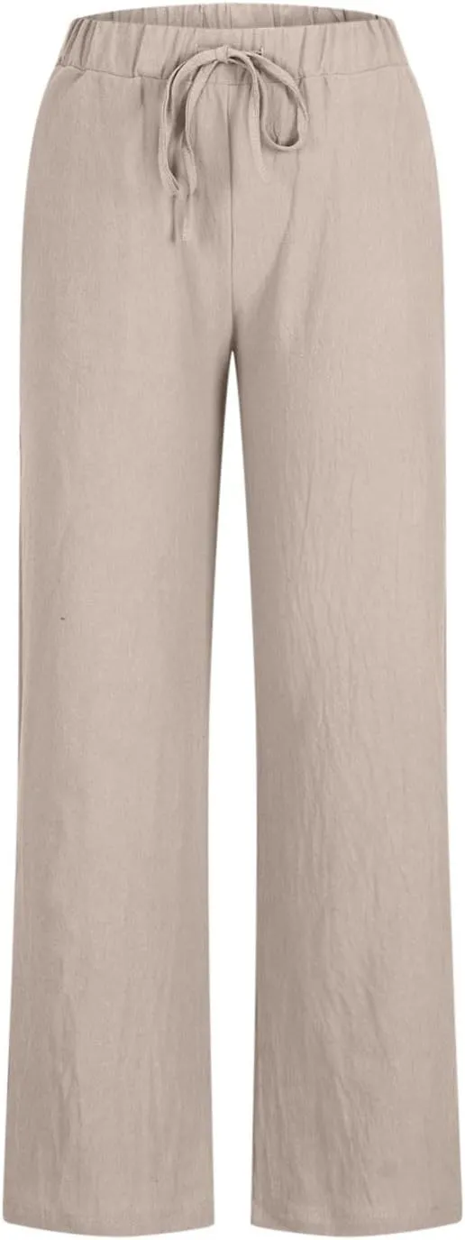 Linen Pants for Women Summer Lightweight Lounge Wide Leg Trousers Drawstring Low Waisted Palazzo Pants with Pockets