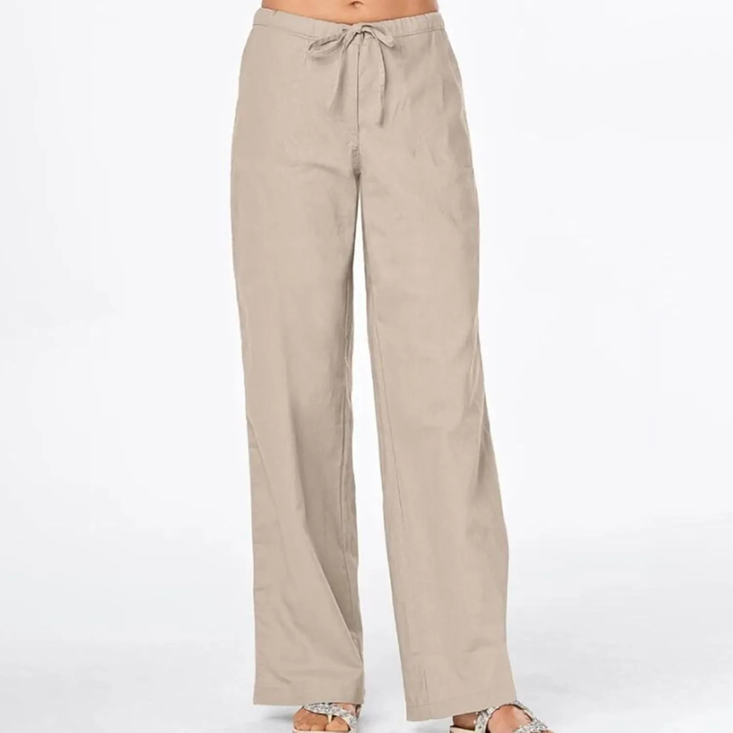 Linen Pants for Women Summer Lightweight Lounge Wide Leg Trousers Drawstring Low Waisted Palazzo Pants with Pockets