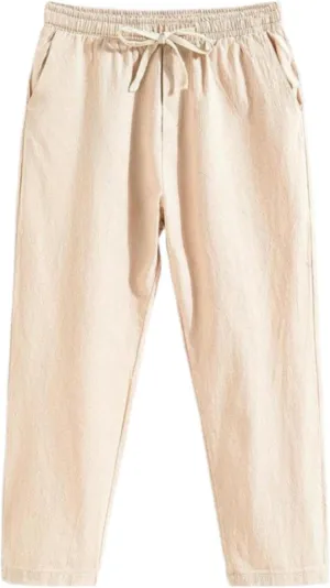 Linen Pants Men Baggy Classic Flat Front Chino Pants Casual Lightweight Straight Leg Summer Beach Trousers