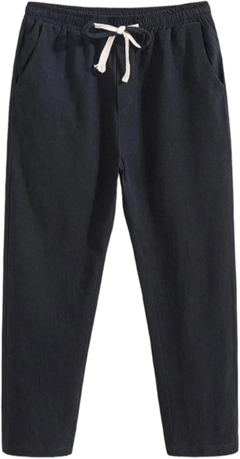 Linen Pants Men Baggy Classic Flat Front Chino Pants Casual Lightweight Straight Leg Summer Beach Trousers