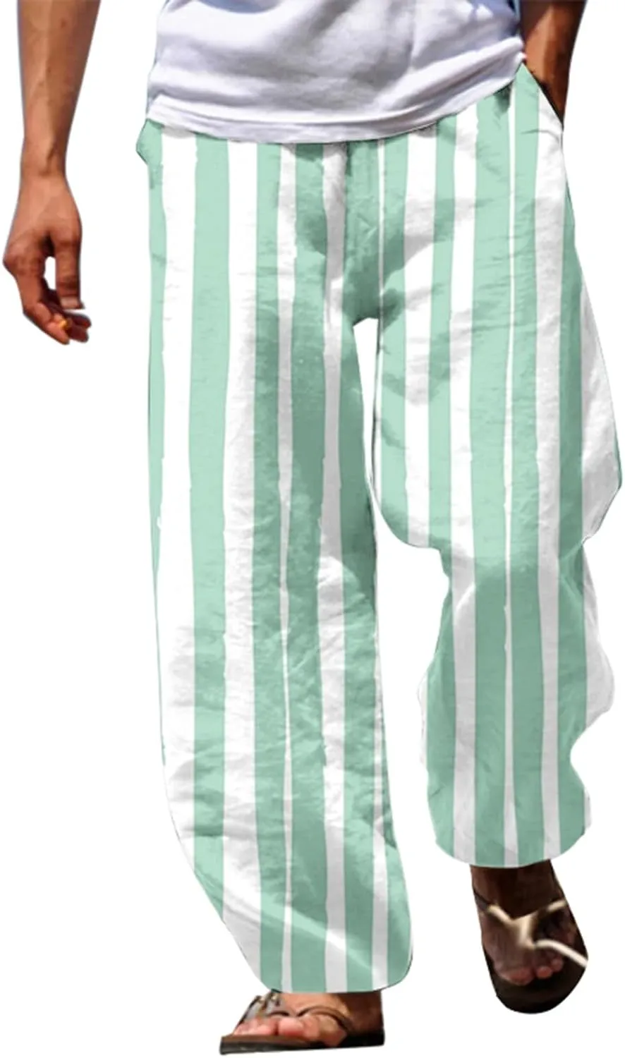 Linen Pants Men Beach Classic Flat Front Chino Pants Casual Lightweight Straight Leg Summer Beach Trousers