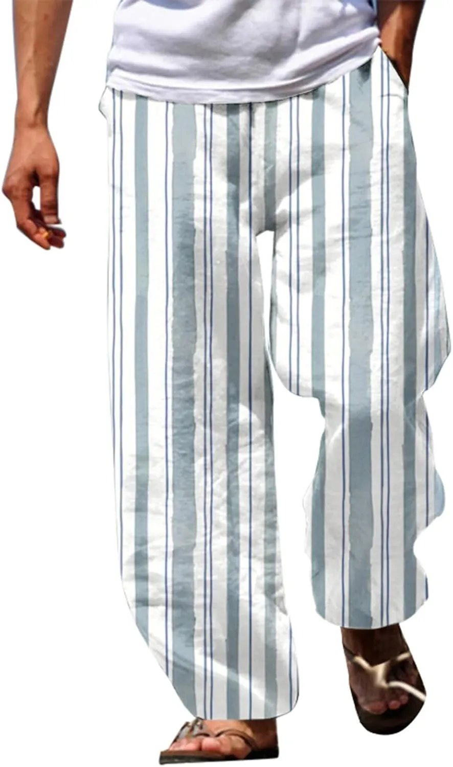 Linen Pants Men Beach Classic Flat Front Chino Pants Casual Lightweight Straight Leg Summer Beach Trousers