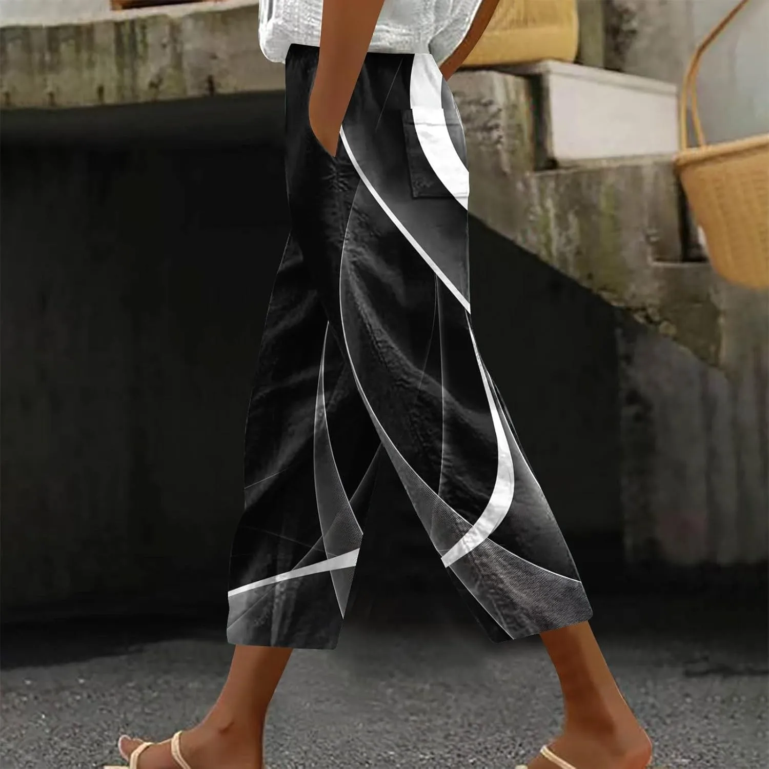 Linen Pants Women Casual Summer Harlan Pants Lightweight Wide Leg Gradient Color Trousers with Drawstring Pockets