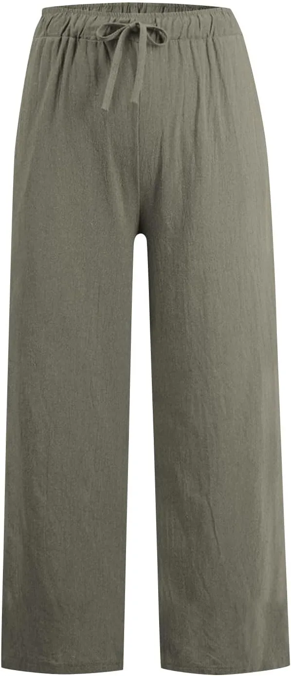 Linen Pants Women High Waisted Drawstring Palazzo Pant 2025 Summer Flowy Cotton Linen Beach Slack Trousers with Pocket