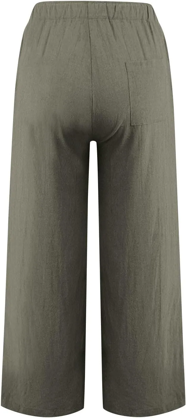 Linen Pants Women High Waisted Drawstring Palazzo Pant 2025 Summer Flowy Cotton Linen Beach Slack Trousers with Pocket