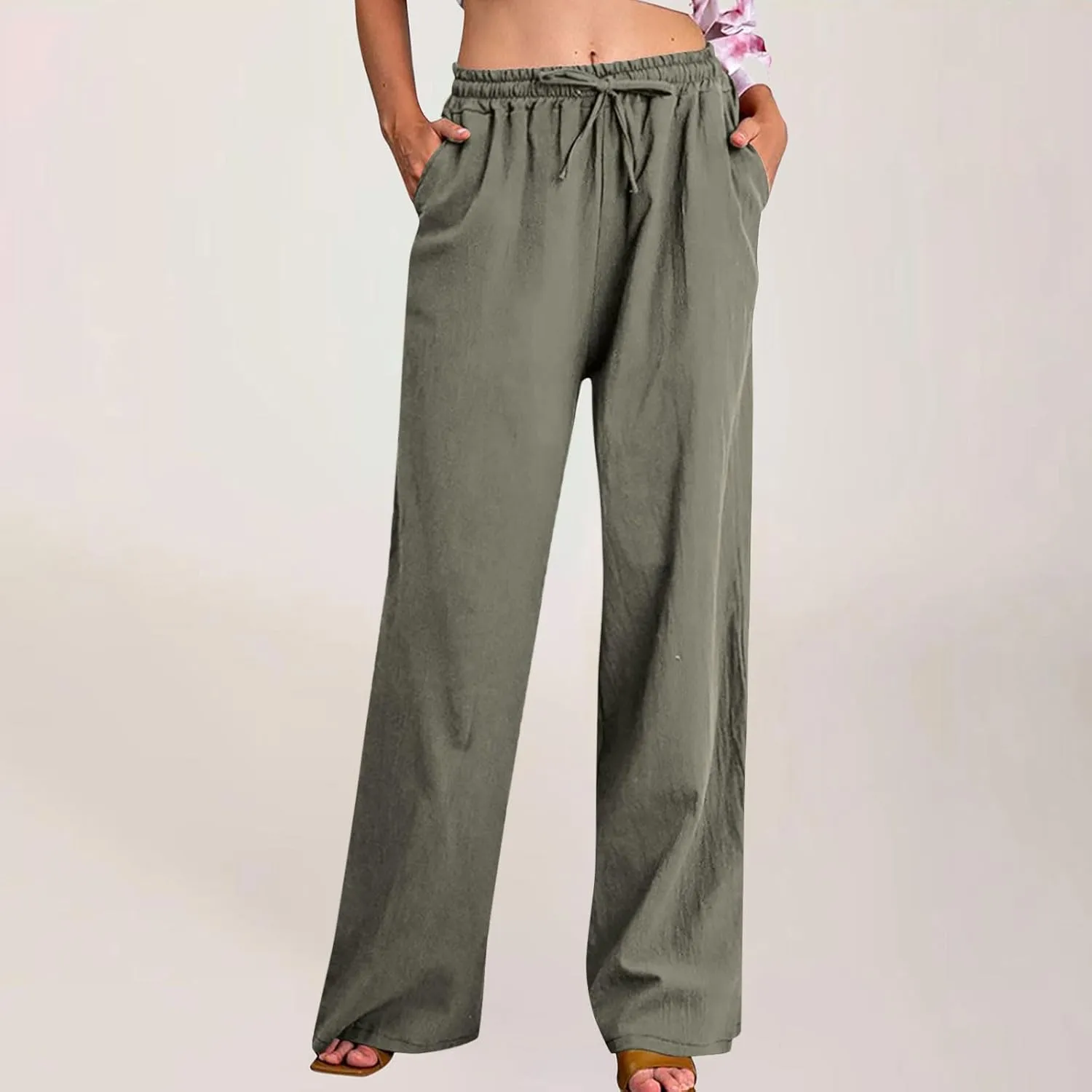 Linen Pants Women High Waisted Drawstring Palazzo Pant 2025 Summer Flowy Cotton Linen Beach Slack Trousers with Pocket