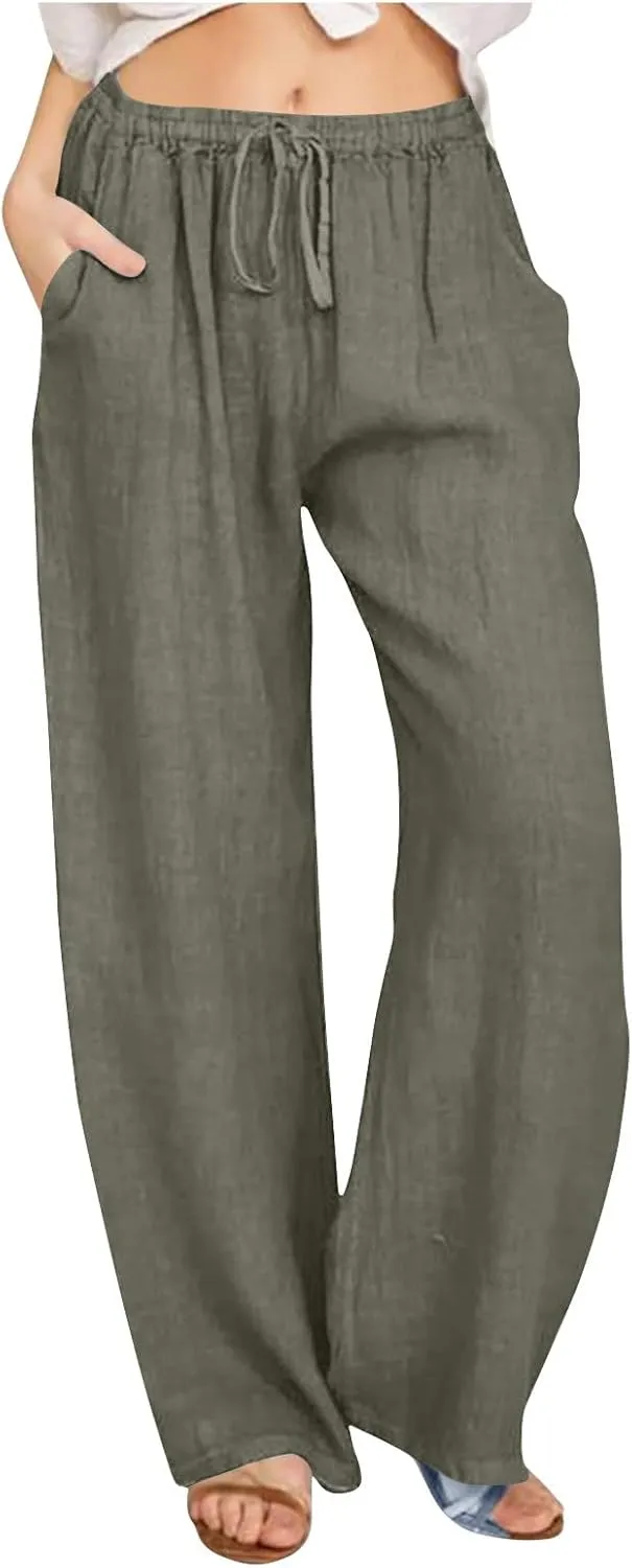 Linen Pants Women High Waisted Drawstring Palazzo Pant 2025 Summer Flowy Cotton Linen Beach Slack Trousers with Pocket