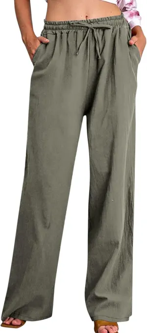 Linen Pants Women High Waisted Drawstring Palazzo Pant 2025 Summer Flowy Cotton Linen Beach Slack Trousers with Pocket
