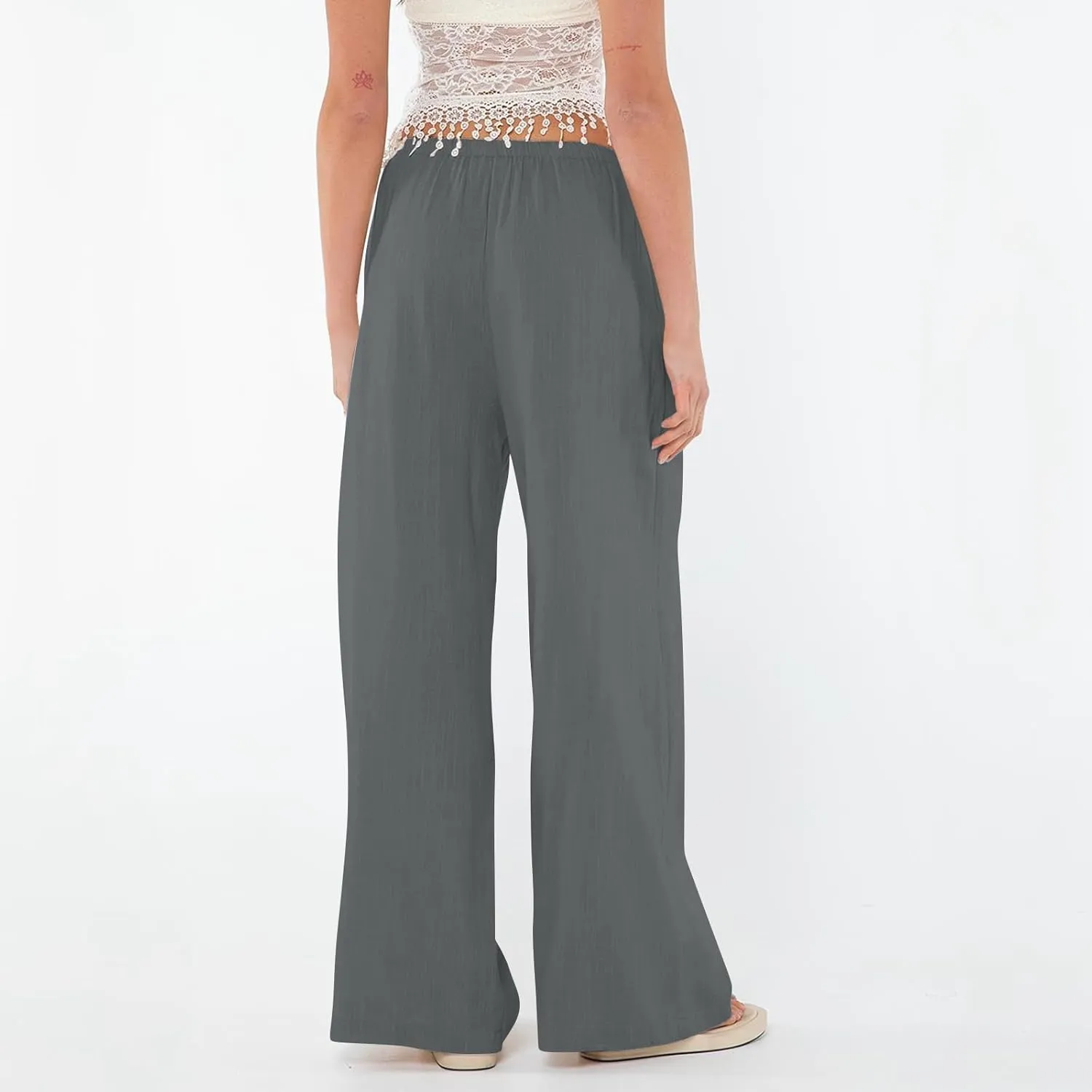 Linen Wide Leg Pants for Women Summer High Waisted Drawstring Palazzo Pants Casual Beach Pants Baggy Lounge Trousers