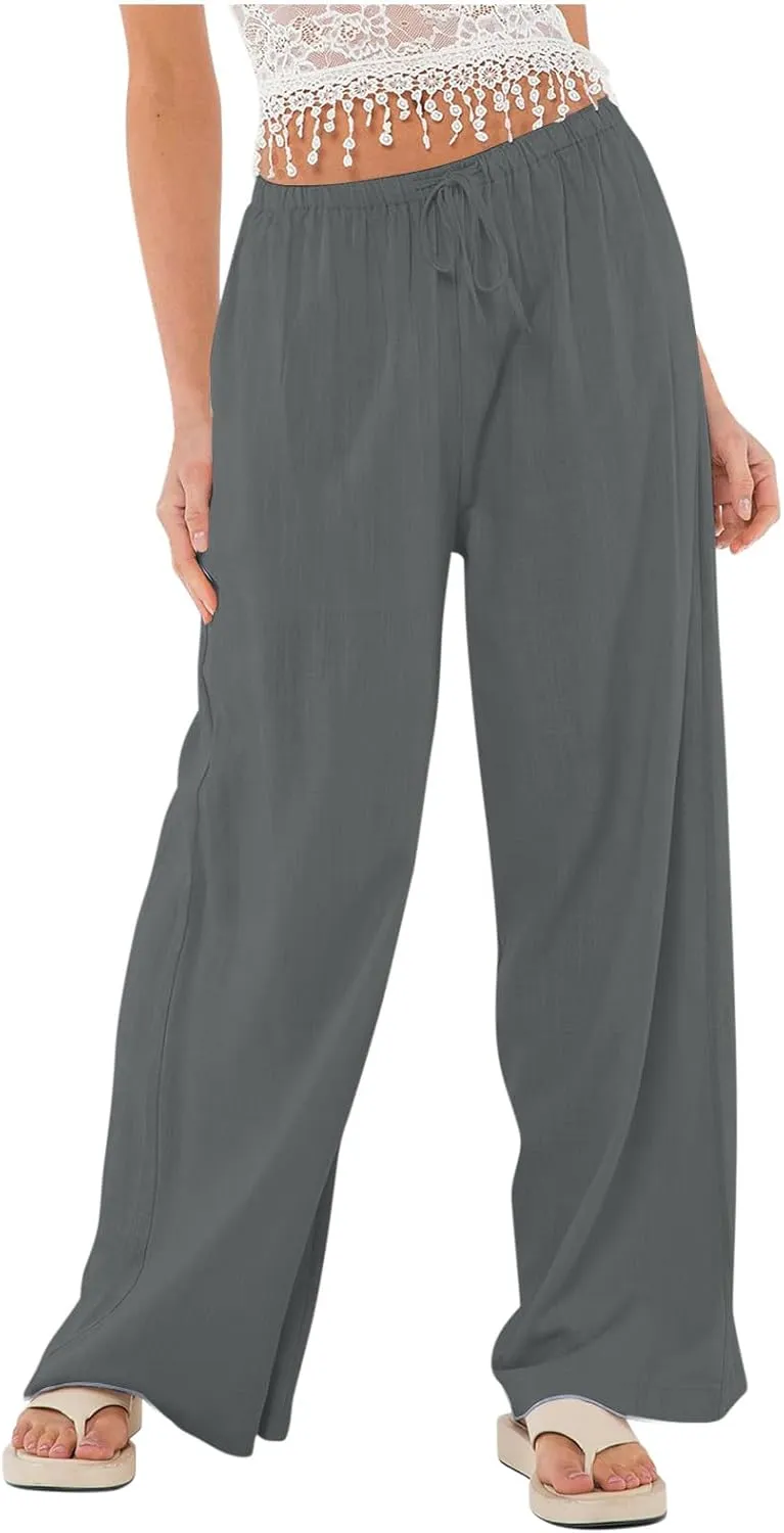 Linen Wide Leg Pants for Women Summer High Waisted Drawstring Palazzo Pants Casual Beach Pants Baggy Lounge Trousers