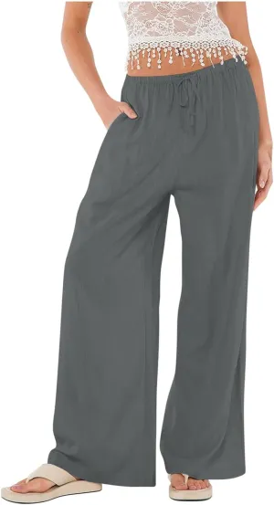 Linen Wide Leg Pants for Women Summer High Waisted Drawstring Palazzo Pants Casual Beach Pants Baggy Lounge Trousers