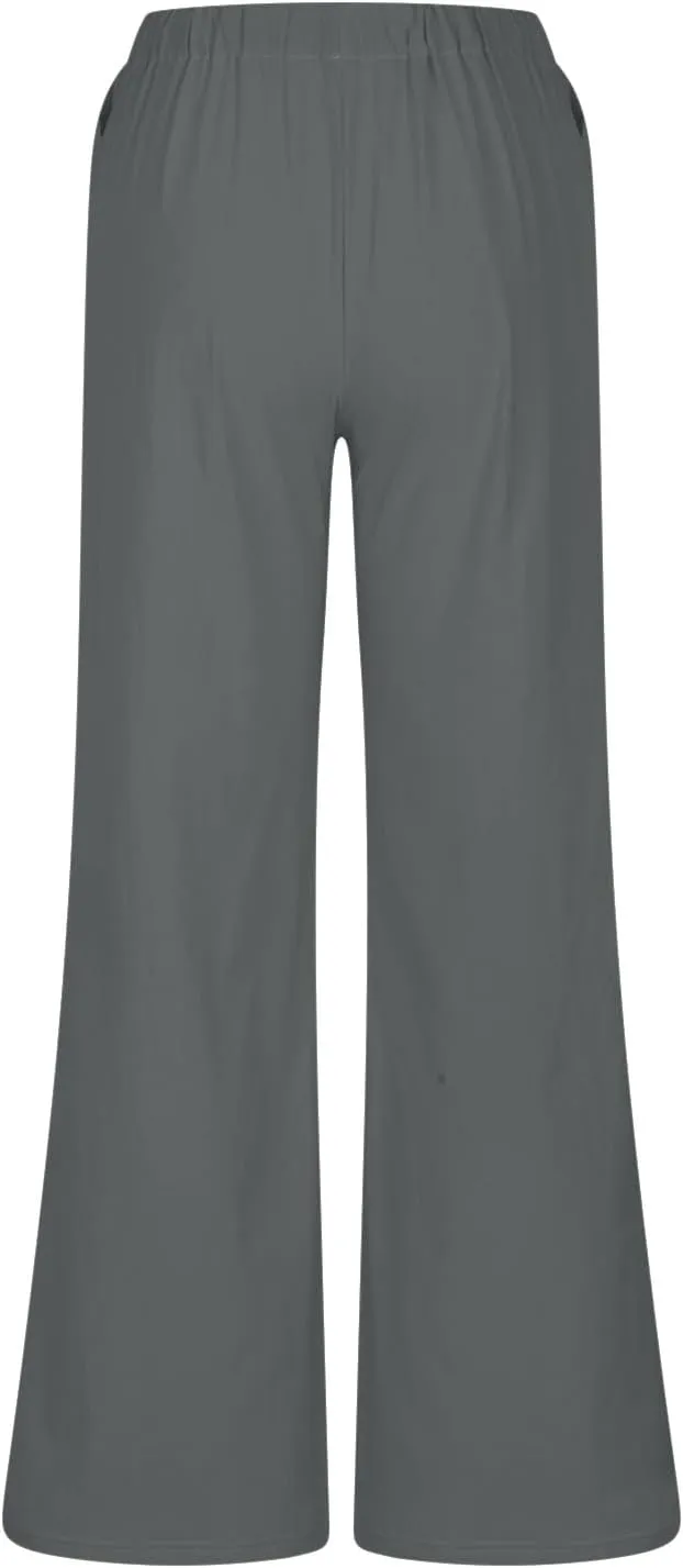 Linen Wide Leg Pants for Women Summer High Waisted Drawstring Palazzo Pants Casual Beach Pants Baggy Lounge Trousers