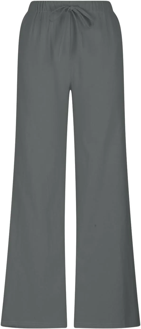 Linen Wide Leg Pants for Women Summer High Waisted Drawstring Palazzo Pants Casual Beach Pants Baggy Lounge Trousers