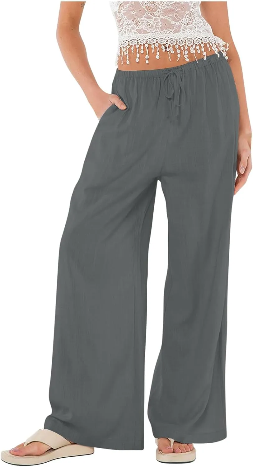 Linen Wide Leg Pants for Women Summer High Waisted Drawstring Palazzo Pants Casual Beach Pants Baggy Lounge Trousers