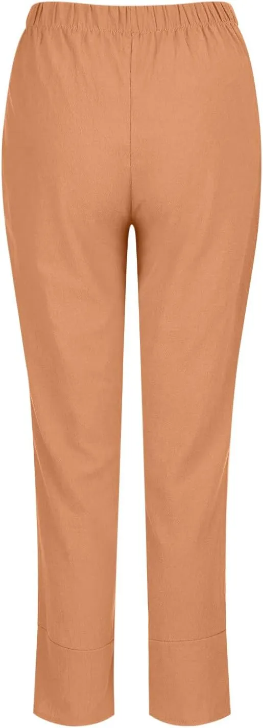 Lmdudan 2025 Plus Size Women Linen Pants Summer Casual Capri Pant with Pockets High Waisted Palazzo Crop Comfy Baggy Trousers