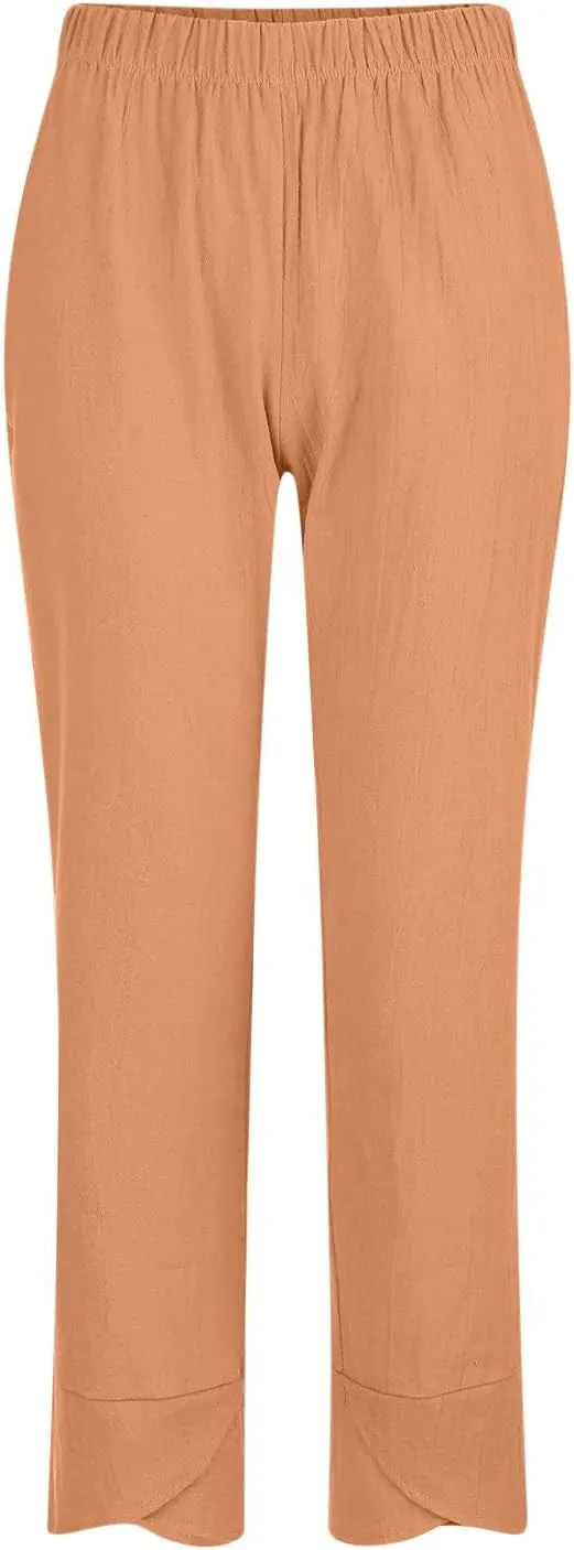 Lmdudan 2025 Plus Size Women Linen Pants Summer Casual Capri Pant with Pockets High Waisted Palazzo Crop Comfy Baggy Trousers