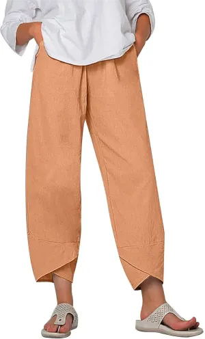 Lmdudan 2025 Plus Size Women Linen Pants Summer Casual Capri Pant with Pockets High Waisted Palazzo Crop Comfy Baggy Trousers