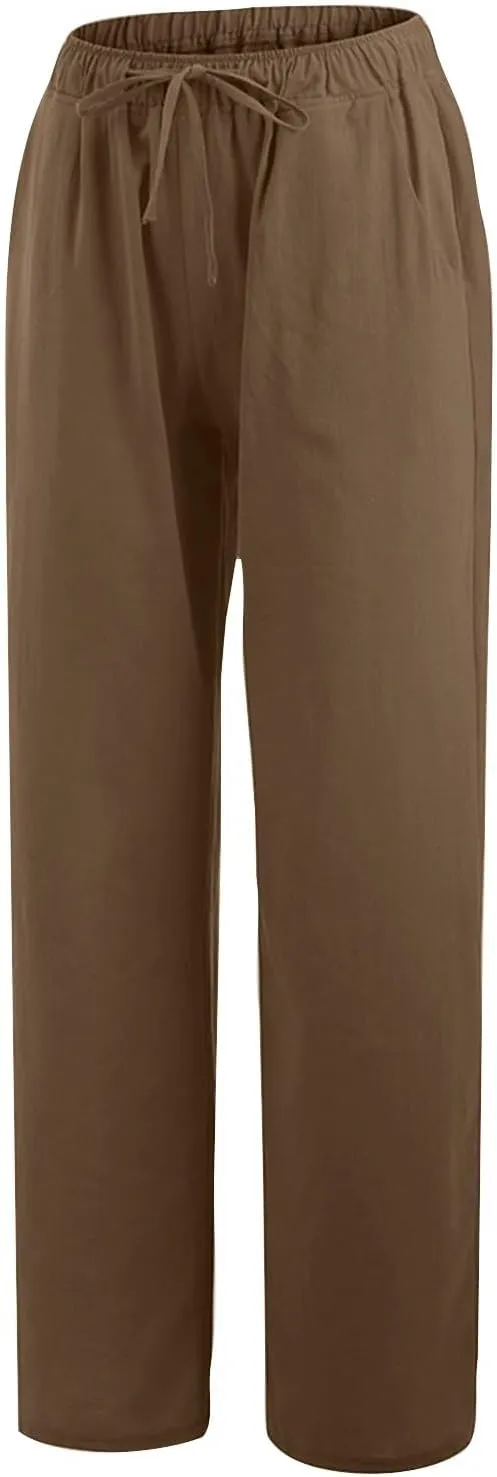 Lmdudan Wide Leg Linen Pants for Women 2025 Summer Boho High Waisted Palazzo Pants Baggy Comfy Beach Pants with Pockets