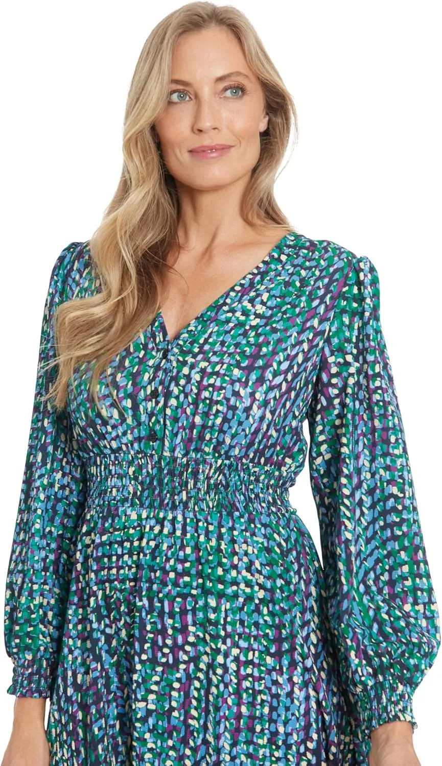 London Times Women's Long Sleeve V-Neck Midi Elastic Waist Flowy Skirt-Versatile Cocktail Wedding Guest Dress