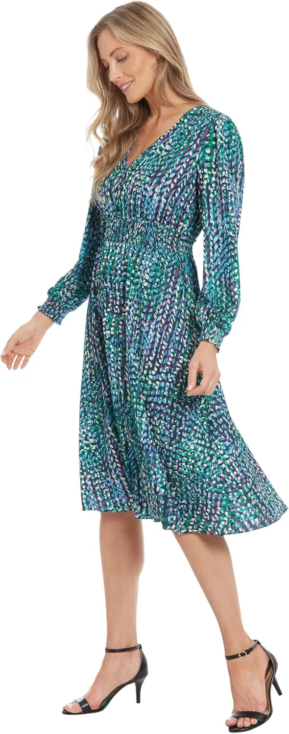 London Times Women's Long Sleeve V-Neck Midi Elastic Waist Flowy Skirt-Versatile Cocktail Wedding Guest Dress