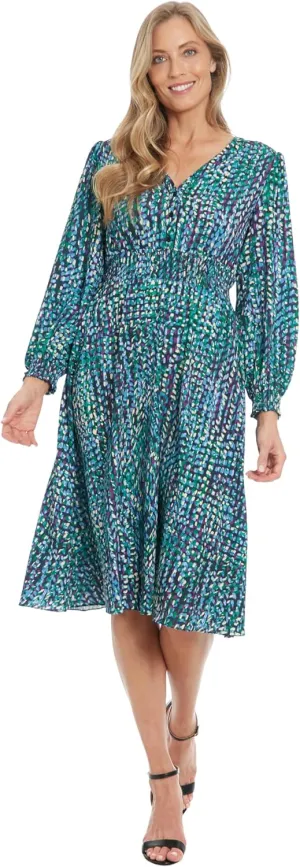 London Times Women's Long Sleeve V-Neck Midi Elastic Waist Flowy Skirt-Versatile Cocktail Wedding Guest Dress
