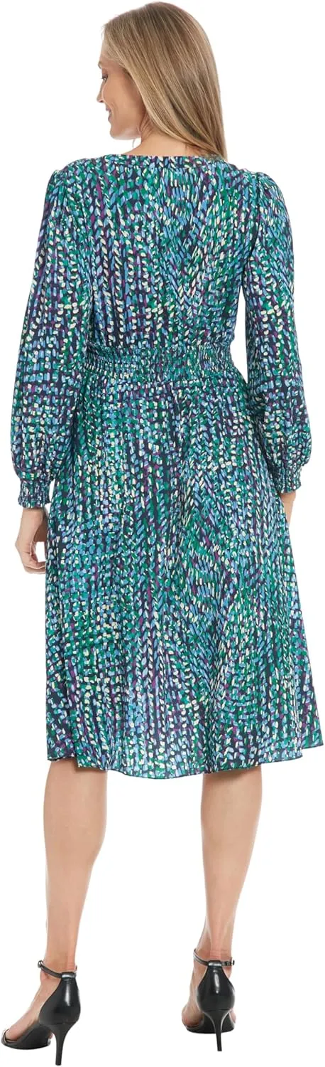 London Times Women's Long Sleeve V-Neck Midi Elastic Waist Flowy Skirt-Versatile Cocktail Wedding Guest Dress