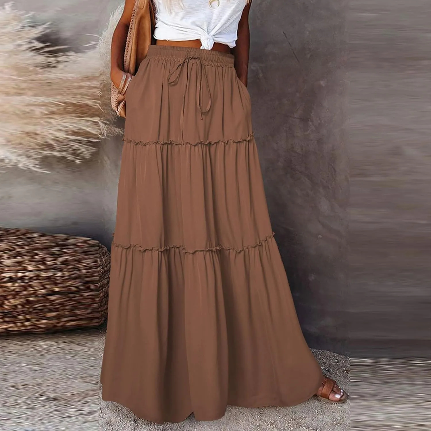 Long Skirts for Women Elegant Summer Boho Skirt Flowy Tiered Ruffle A Line Skirt Smocked Elastic Tie Waist Skirts