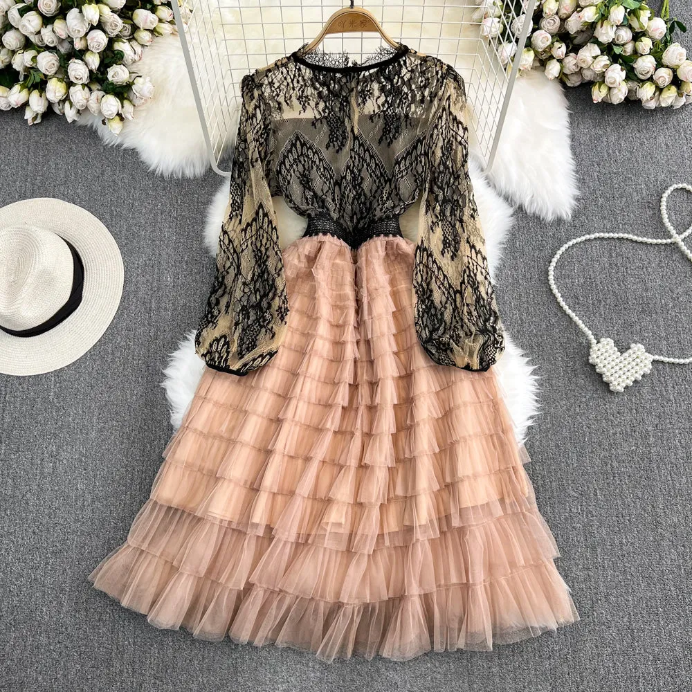 Long-sleeved Round Neck Lace A-line Mesh Cake Dress 474