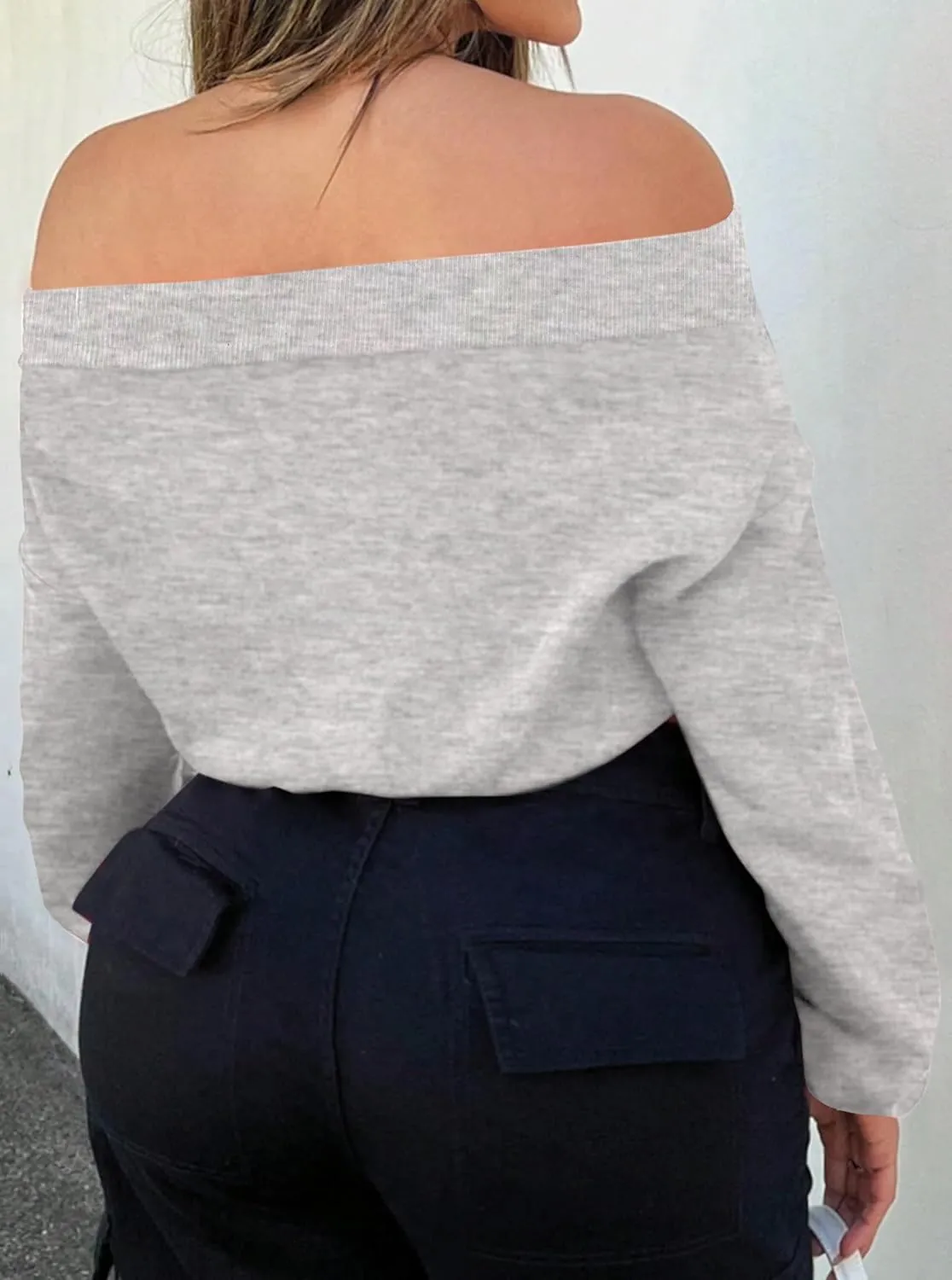 LovelyWholesale Women Off the Shoulder Sweatshirt Graphic Crop Tops Long Sleeve Shirts