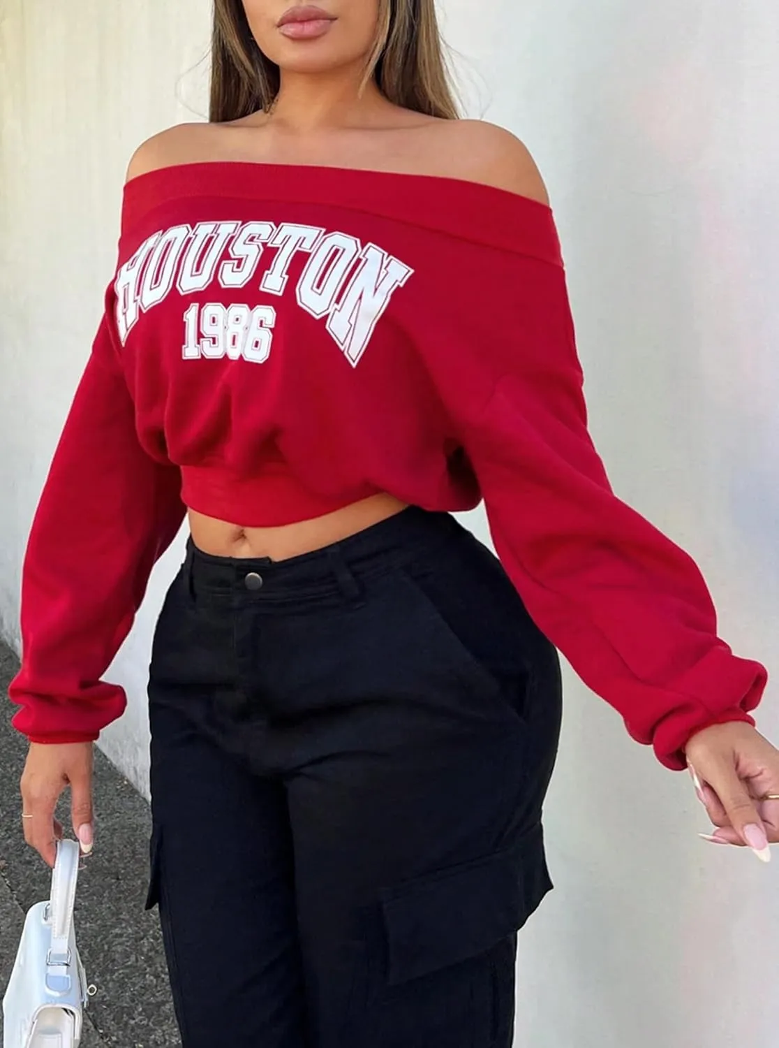 LovelyWholesale Women Off the Shoulder Sweatshirt Graphic Crop Tops Long Sleeve Shirts