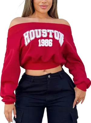 LovelyWholesale Women Off the Shoulder Sweatshirt Graphic Crop Tops Long Sleeve Shirts