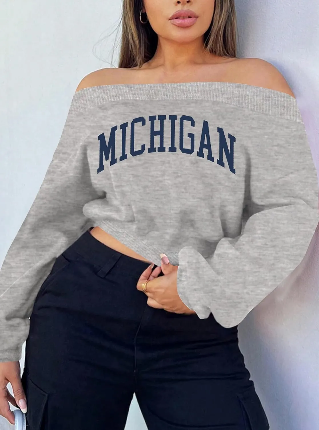 LovelyWholesale Women Off the Shoulder Sweatshirt Graphic Crop Tops Long Sleeve Shirts