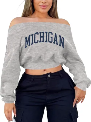 LovelyWholesale Women Off the Shoulder Sweatshirt Graphic Crop Tops Long Sleeve Shirts