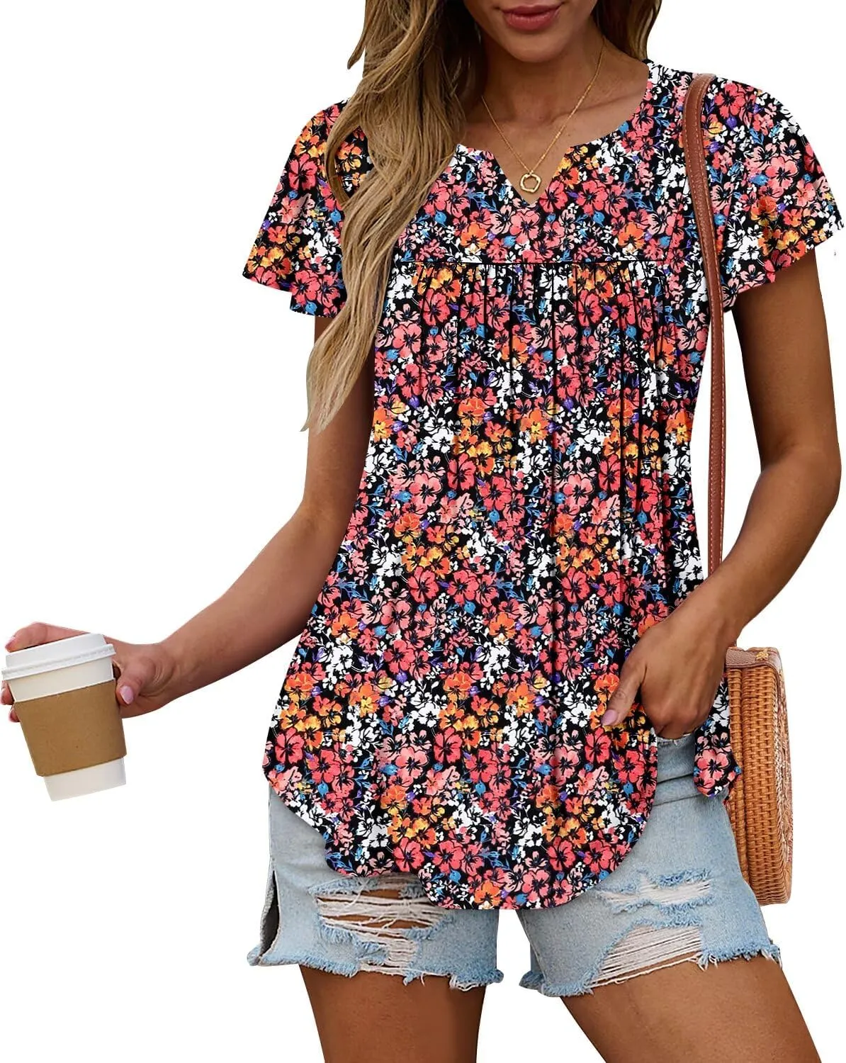Magritta Womens Summer Tops Dressy Casual V Neck T Shirts Pleated Front Ruffle Short Sleeve Blouses Loose Fit Tunic Tops