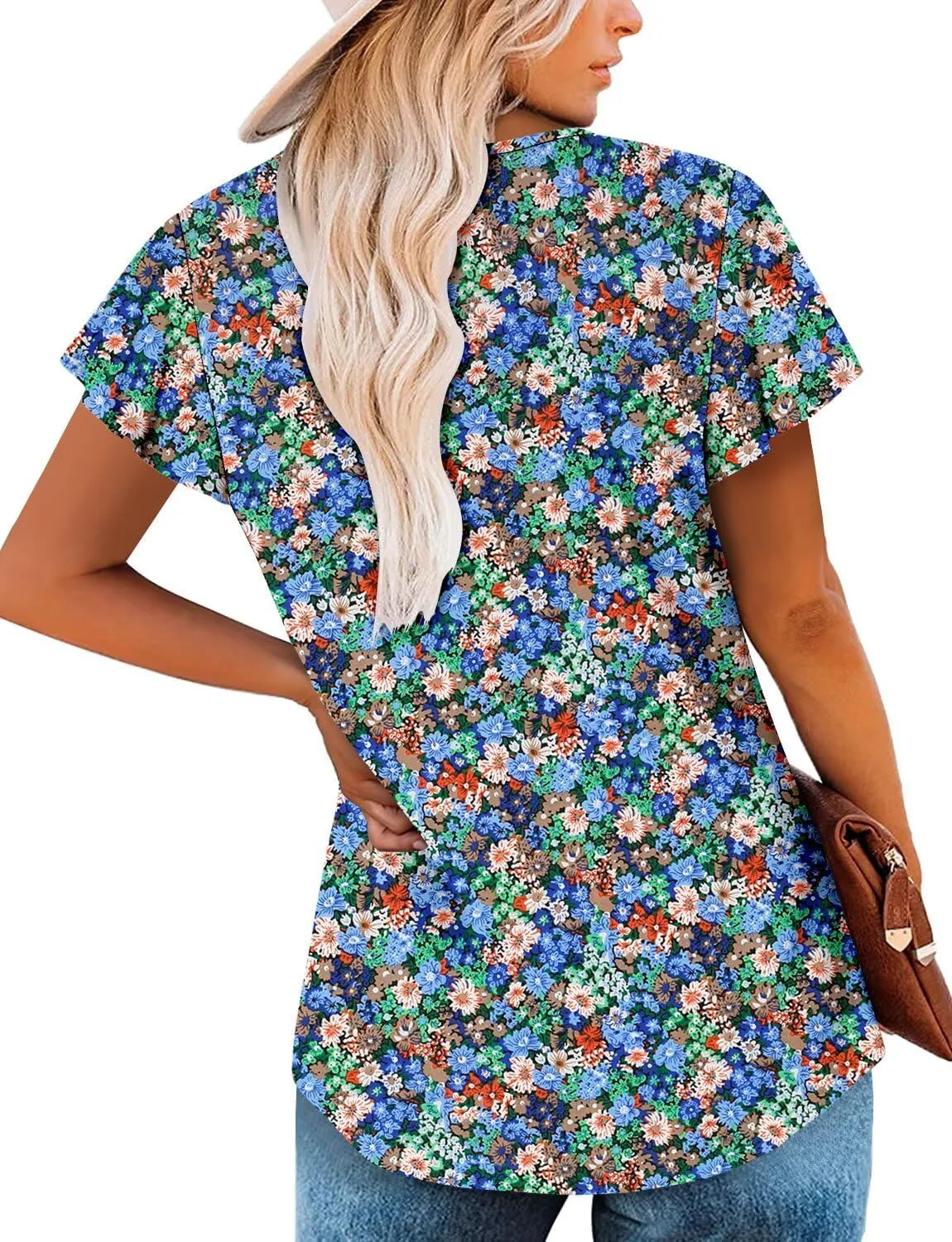 Magritta Womens Summer Tops Dressy Casual V Neck T Shirts Pleated Front Ruffle Short Sleeve Blouses Loose Fit Tunic Tops