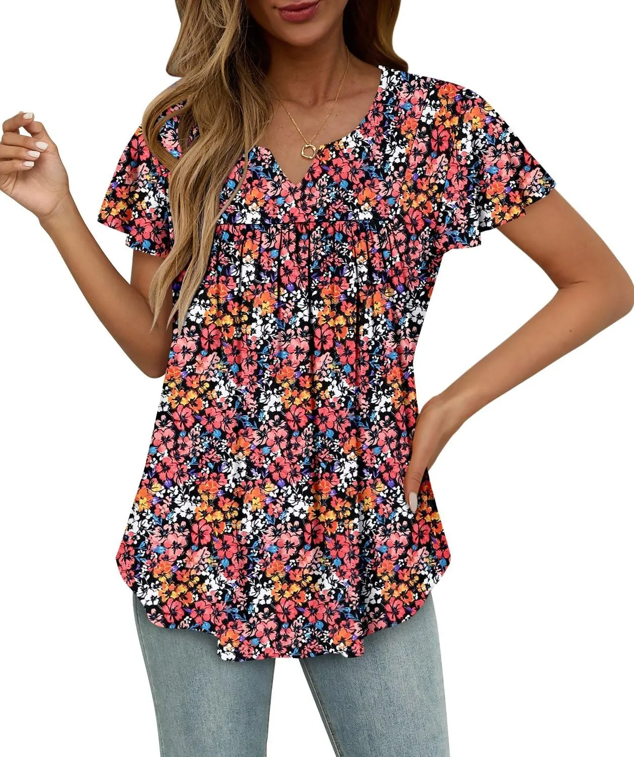Magritta Womens Summer Tops Dressy Casual V Neck T Shirts Pleated Front Ruffle Short Sleeve Blouses Loose Fit Tunic Tops