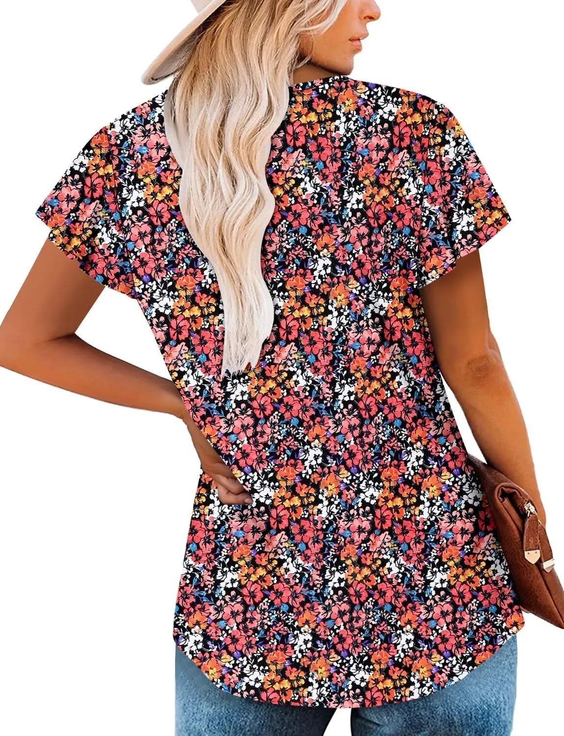 Magritta Womens Summer Tops Dressy Casual V Neck T Shirts Pleated Front Ruffle Short Sleeve Blouses Loose Fit Tunic Tops