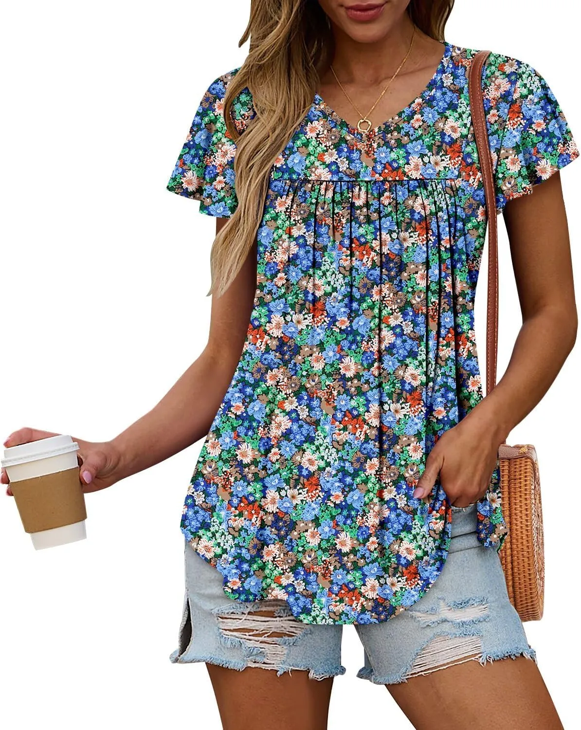 Magritta Womens Summer Tops Dressy Casual V Neck T Shirts Pleated Front Ruffle Short Sleeve Blouses Loose Fit Tunic Tops