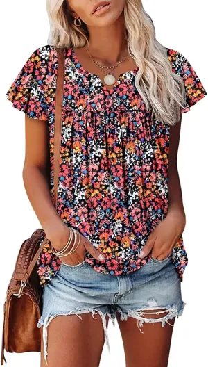 Magritta Womens Summer Tops Dressy Casual V Neck T Shirts Pleated Front Ruffle Short Sleeve Blouses Loose Fit Tunic Tops