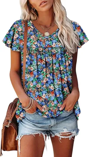 Magritta Womens Summer Tops Dressy Casual V Neck T Shirts Pleated Front Ruffle Short Sleeve Blouses Loose Fit Tunic Tops