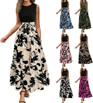 Maxi Dresses for Women 2025 Floral Patchwork Sleeveless Wrap Dress Summer Elegant Flowy Tie Waist Wedding Guest Dress