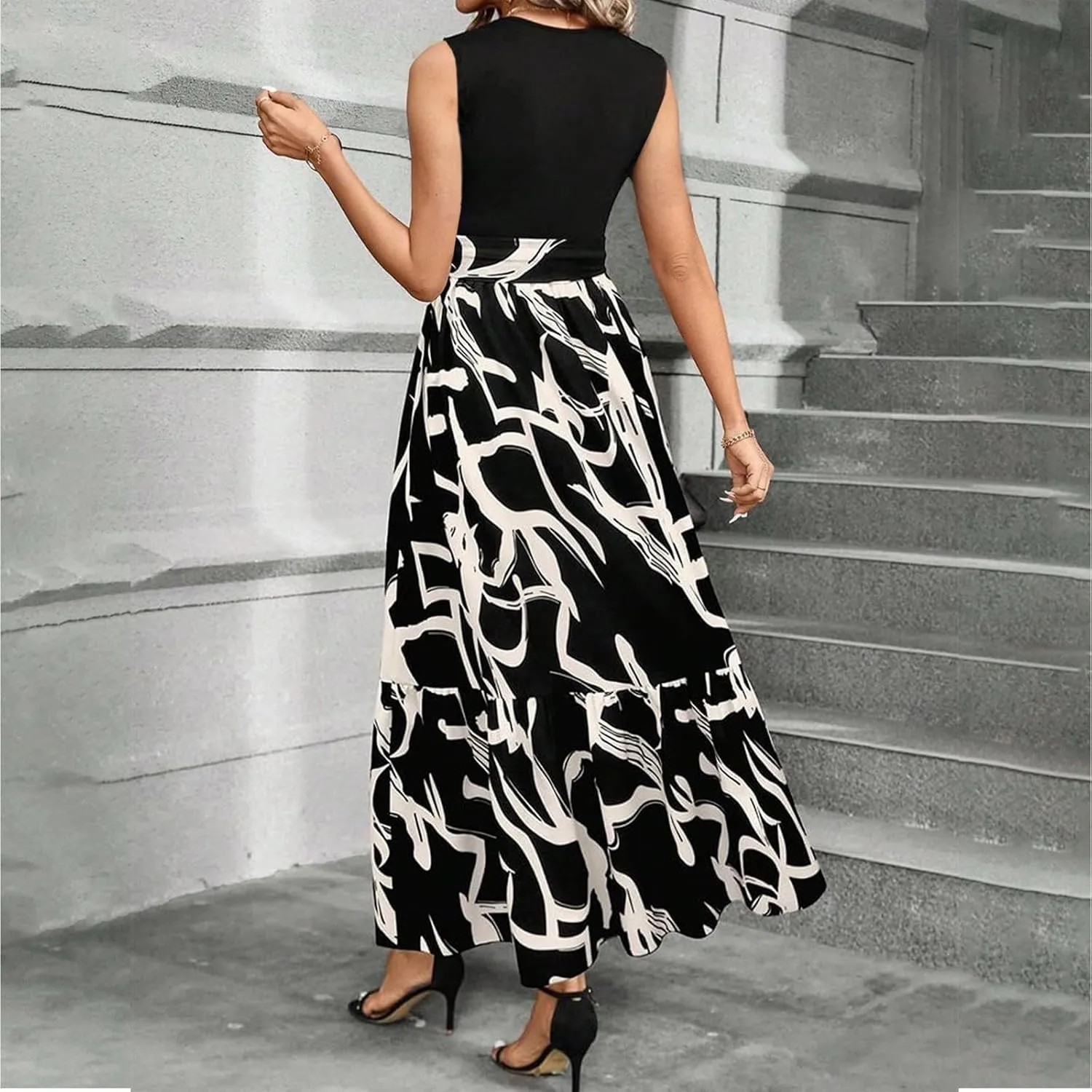 Maxi Dresses for Women 2025 Floral Patchwork Sleeveless Wrap Dress Summer Elegant Flowy Tie Waist Wedding Guest Dress